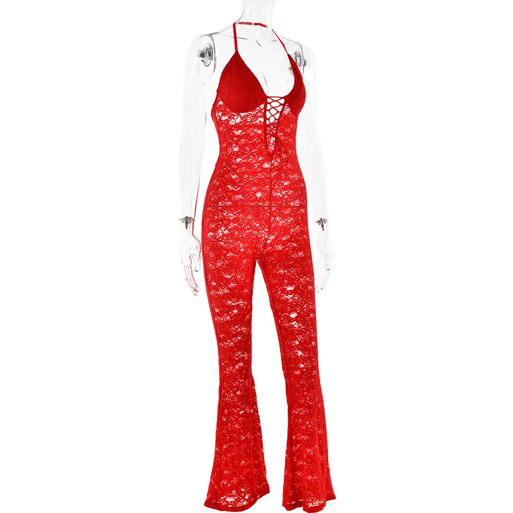 Women's New Sexy Fashion Hollow-Out Lace See-Through Backless Halter Slim Jumpsuit