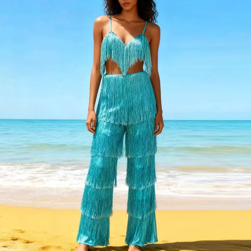 Women's Outfits Tassel Design Hollow Out Party Suit Sexy Backless Slim Fit Two Piece Set Low Cut V-neck Bra Top with Long Pants