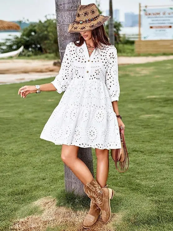 Spring Summer New Solid Color Hollow Out Fashion 7 Point Sleeve Dress Wmen's Casual Loose Simple Elegant Female Holiday Dresses