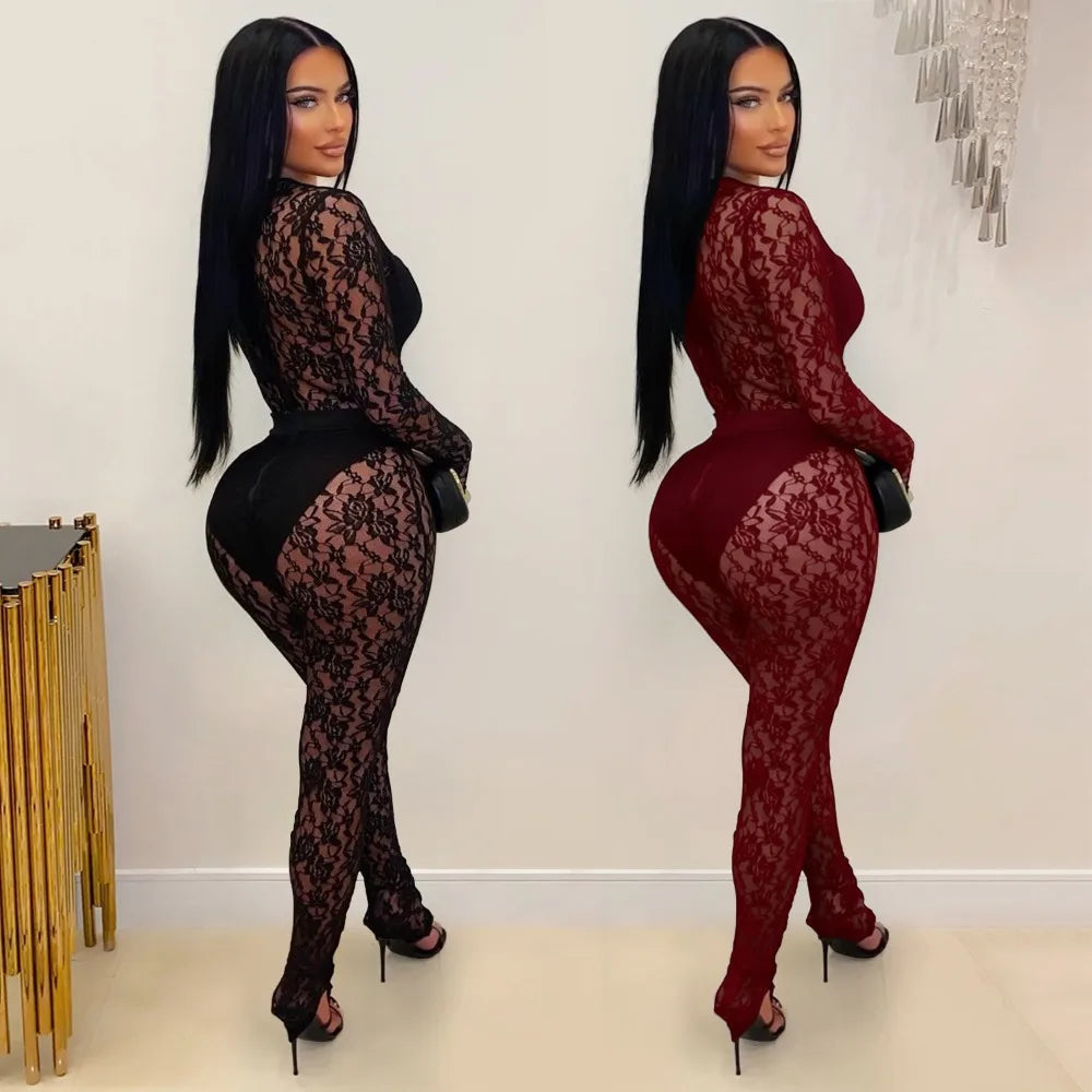 FLARORA Sexy Lace Hollow See Through Jumpsuits Woman O Neck Full Sleeve Peach Hip Slim Jumpsuit Midnight Party Clubwear Overalls