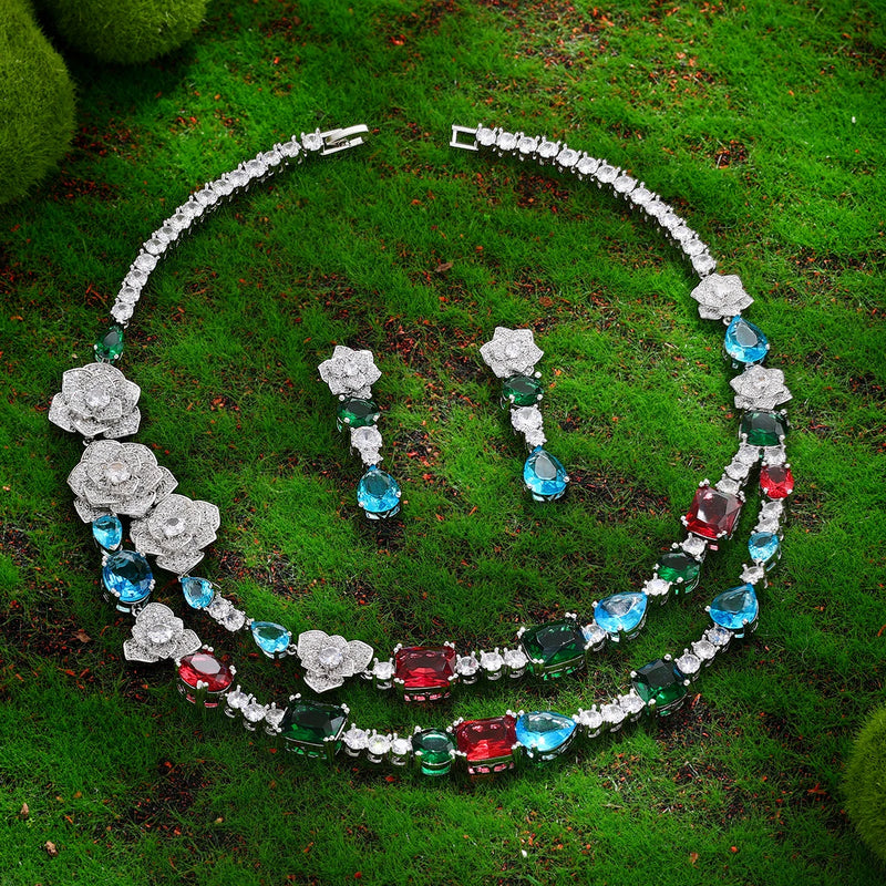 Conjunto de joias de casamento de zircônia cúbica, conjunto de 4 peças para noivas, conjunto de joias femininas, reprodução de marca de joias