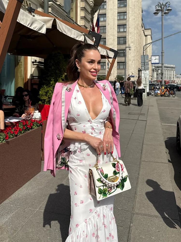 Women White Floral Print Maxi Dress V Neck Puff Sleeve Peplum Waist Fishtail Hem Chiffon Robe Elegant Party Wedding Guest Gown
