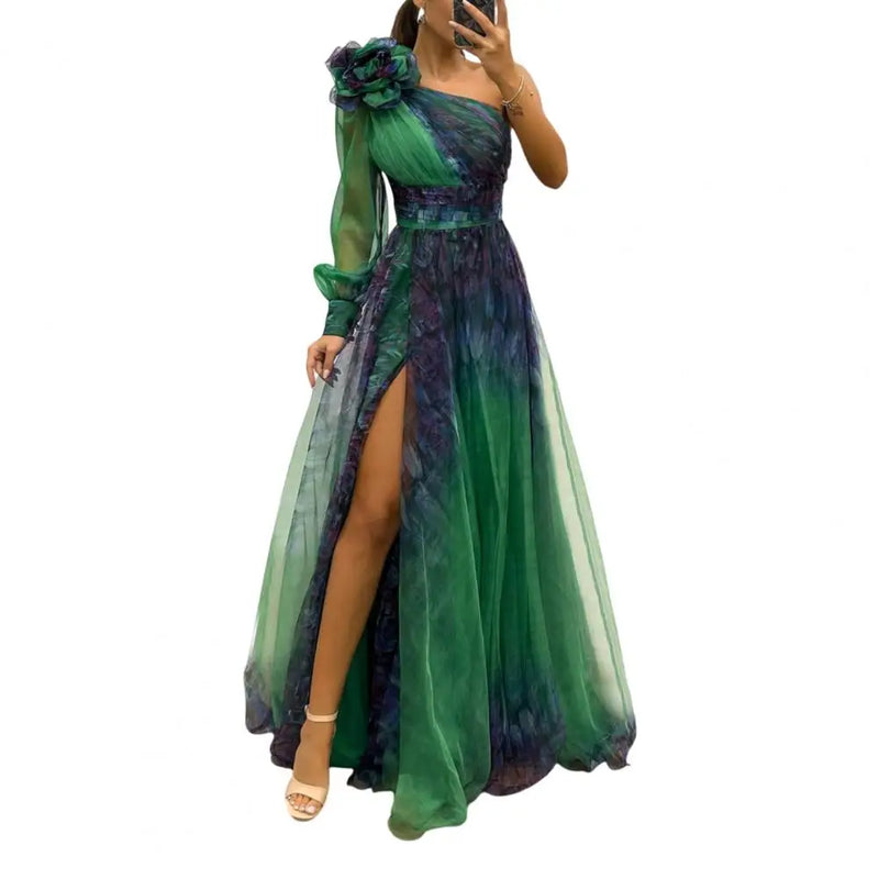 Cocktail Party Dress Elegant One Shoulder Evening Gown with 3d Flower Decor Pleated Mesh Detail Women's Banquet for Special