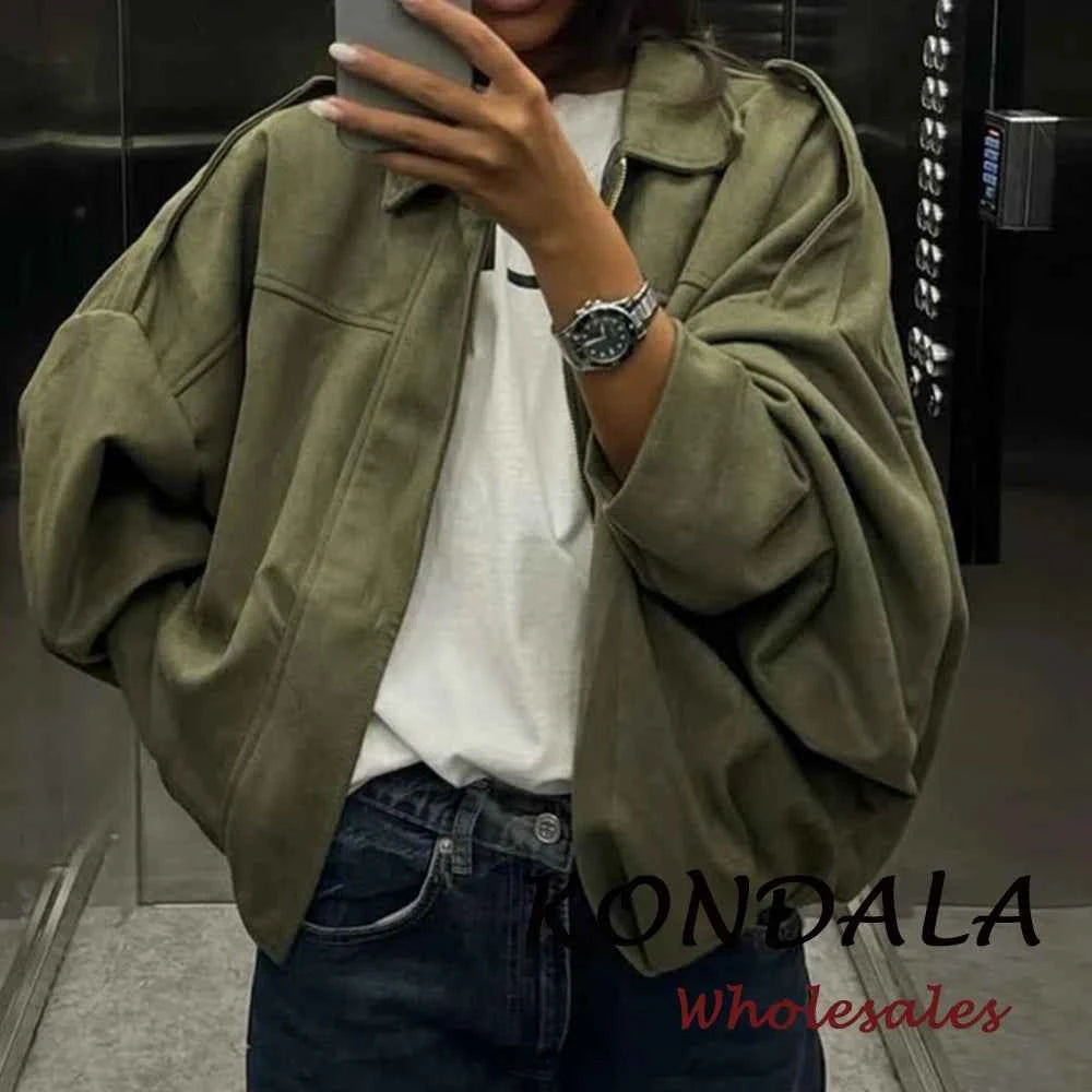 KONDALA Vintage Cool Green Streetwear Women Jacket Fashion 2026 Spring Zipper Folds High Street Chic Modern Female Short Outwear