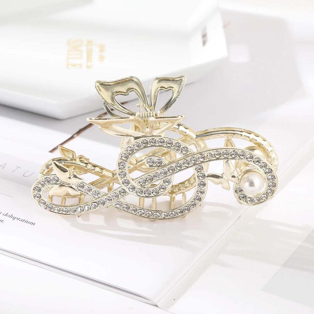 10.5cm Note Hairpin For Women Shiny Color Ponytail Hair Claw Hair Clips Ladies Pearl Rhinestone Butterfly Hair Accessories