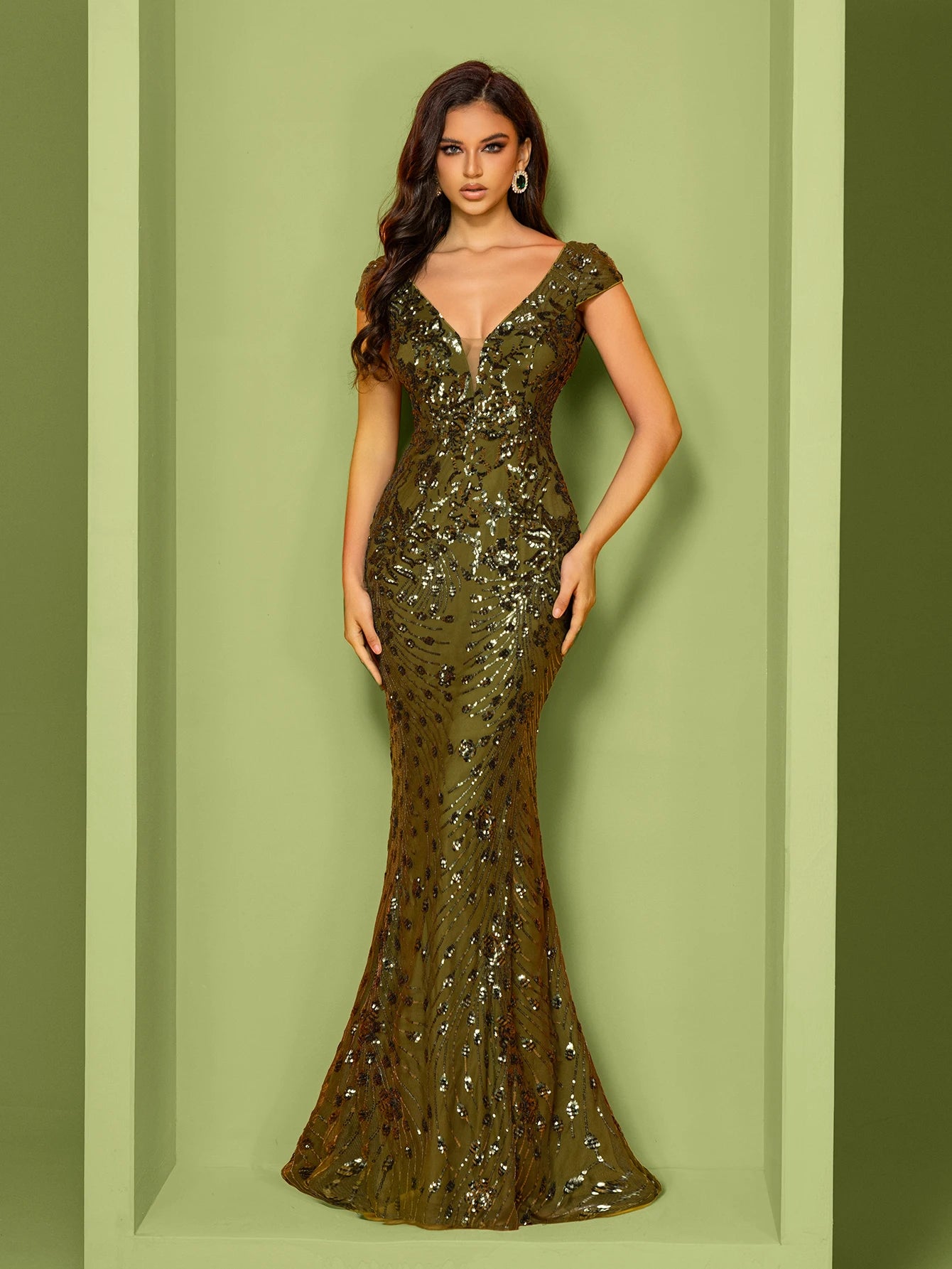 BLUEPLUM New Elegant Green SequinS Evening Dress Women Long Luxury Mermaid Formal Deep V-neck Prom Luxury Wedding Party Gowns