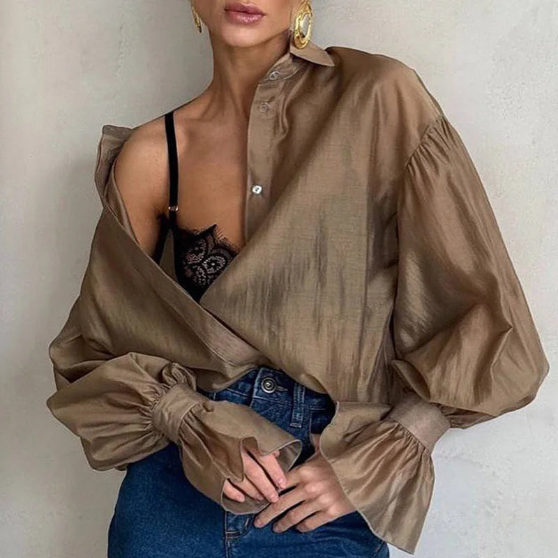 New Spring Autumn Flare Long Sleeve Office Lady Blouses Fashion Turn-down Collar Button Thin Shirt Casual Solid Loose Women Tops