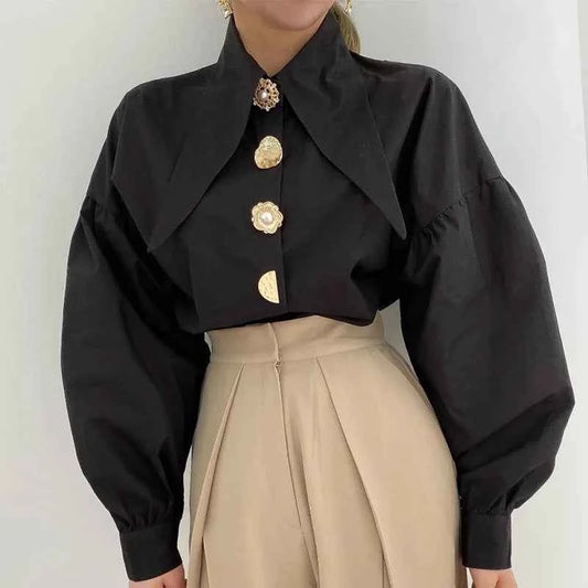 White Elegant Pearl Women Shirts Korean Sharp Corner Collar Loose Long Sleeve Ladies Blouse Y2k Fashion New Chic Female Tops