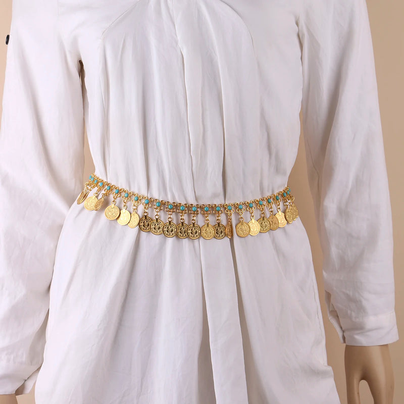 Retro coin Pendant belly Dance Waist Decorateive chain tassel Belt For Women accessories Ladies's Bohemia Girdle Dress catwalk