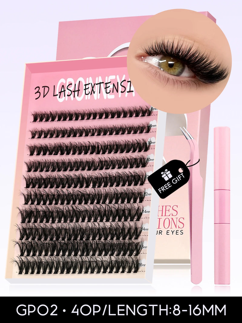 Kit de cílios postiços GROINNEYA faça você mesmo, cílios de manga de 10 a 18 mm, bandeja mista, conjuntos de cílios individuais, kit com cílios postiços faça você mesmo