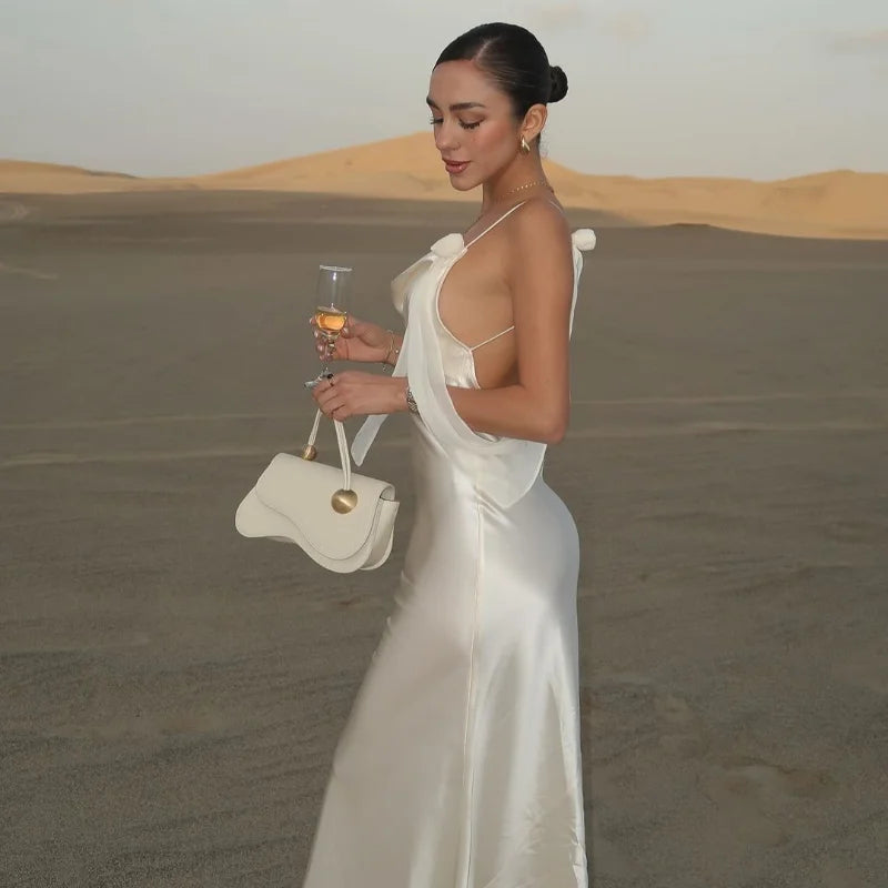 Elegant Solid Color Camisole Slim Fit Long Dress Woman Fashion Splicing Pleated Lace Up Dresses Chic Ladies Holiday Beach Skirt