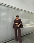 Elegant Full Sleeve Single Breasted Pocket Women Blazer Outfits Chic Solid High Waist Loose Pants Set Lady Spring Two Piece Sets
