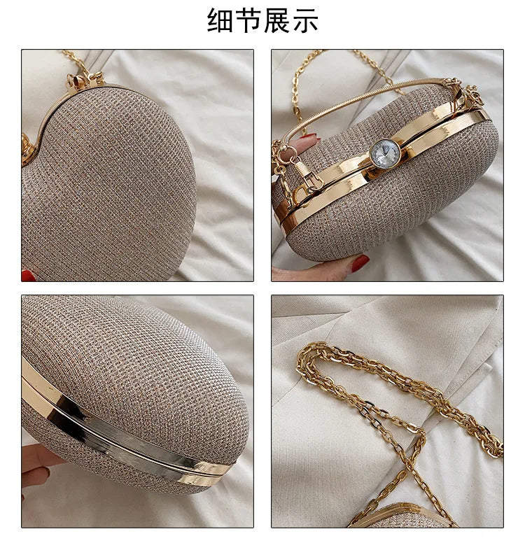 Evening Clutch Bag Women Bag Shiny Handbag Heart Shape Metal Clutches Bag Fashion Chain Shoulder Crossbody Bag Luxury Lady Purse