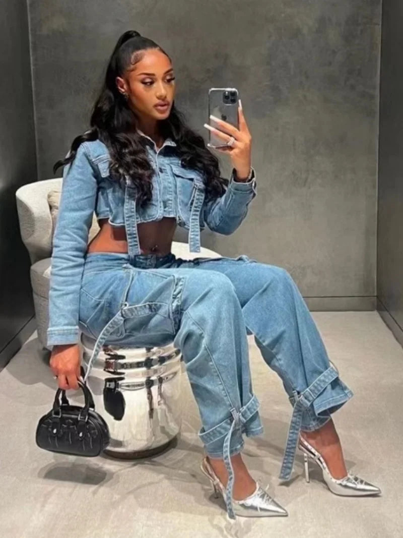 Street Denim 2 Piece Sets Women Outfit Autumn Clothes Women Jean Cropped Jacket Straight Jeans Pant Sets Safari Style Woman Sets