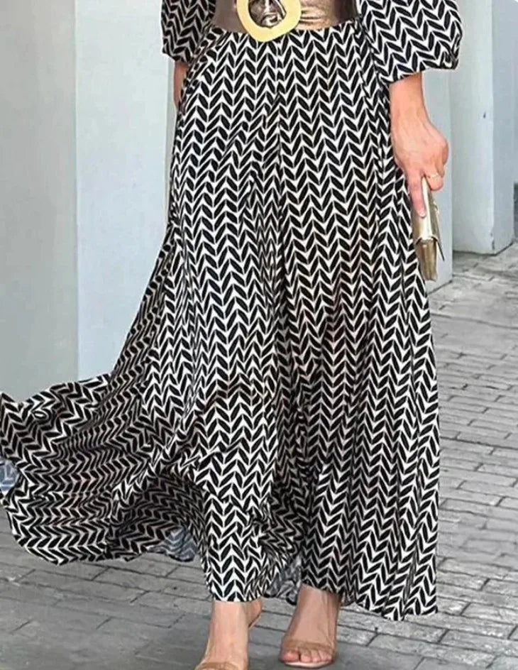 Spring Autumn New Dress Black And White Printed Vintage Elegant V Neck Fashion Leisure Gathering Women Slim Long Dresses MsChuh
