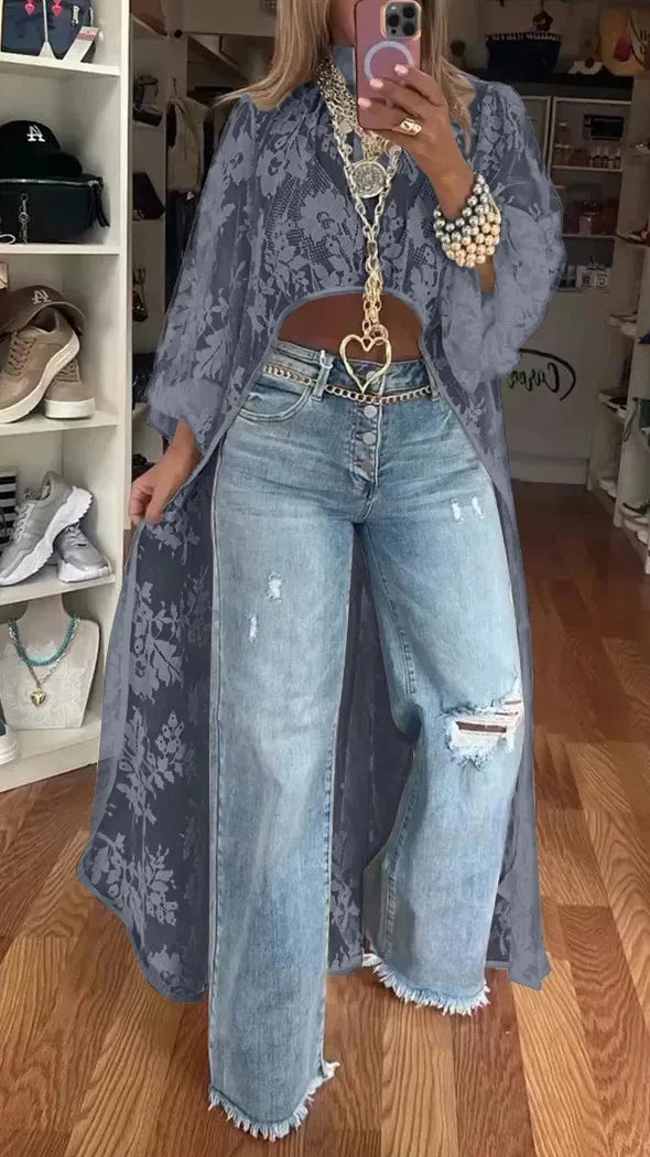Blusa feminina nova moda 2025 com renda floral e gola alta, manga bufante, frente vazada, curta e longa