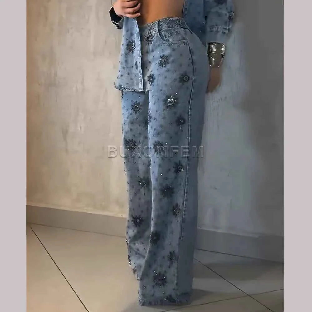 Ladies' Flower Bead Sparkling Straight Leg Jeans Drilled Wide Leg Jeans Outfit Stylish Loose Trousers Ladies Long Pants Bottoms