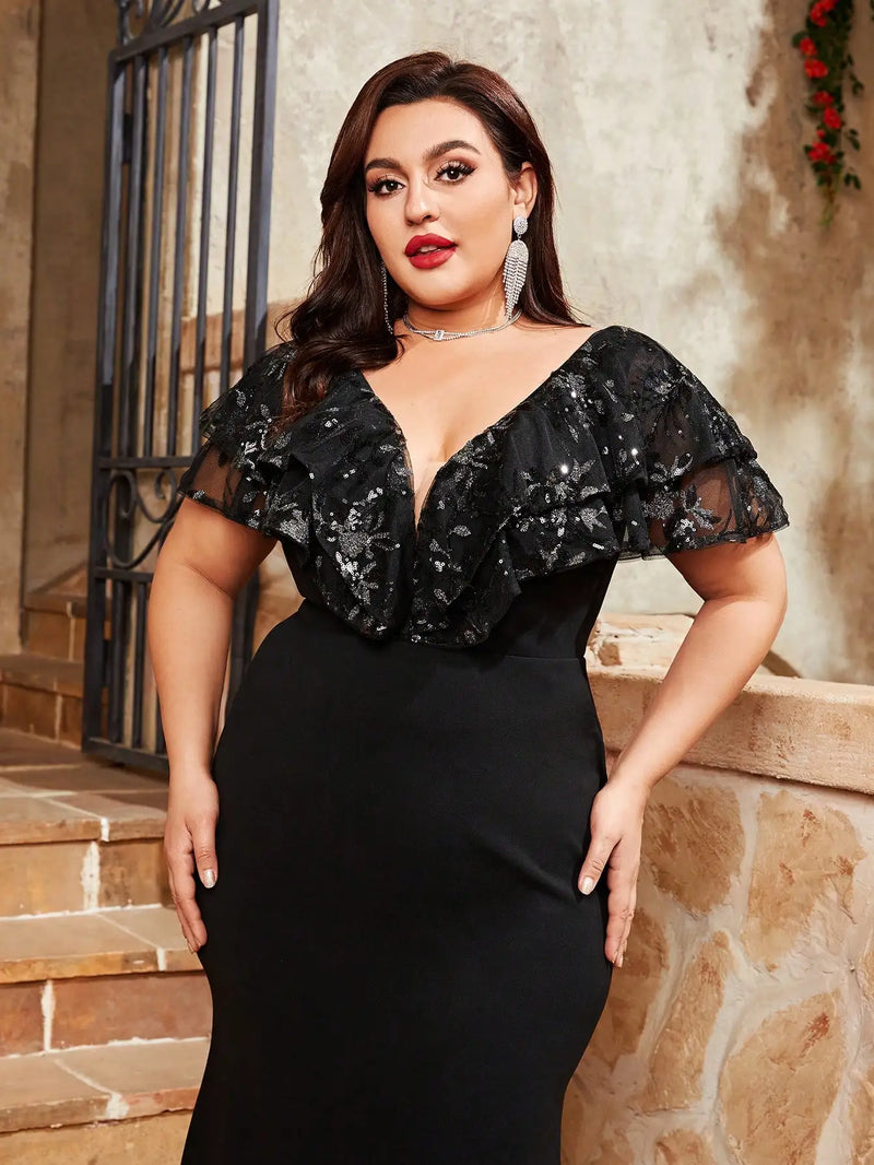 Vestido plus size decote em V lantejoulas dupla camada lótus patchwork malha slim-fit saia rabo de peixe