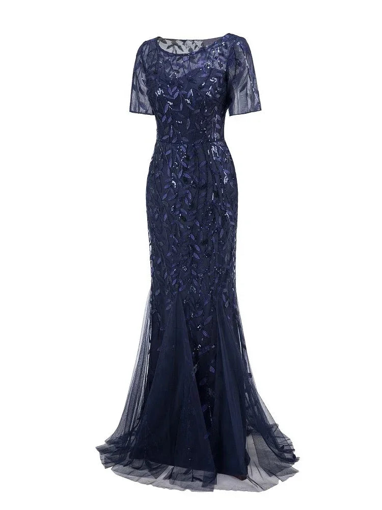 Plus Size Women's Evening Dress Fishtail Short Sleeve Lace Appliqué Tulle Stitching Personalized Design Long Party Evening Dress