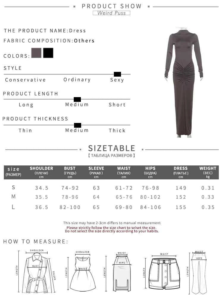 Weird Puss Hipster Ruched Dress Women o-NeckFull Sleeve  Skinny Stretch Robe Autumn Trend Simple Classic Pleats Long Bodycon