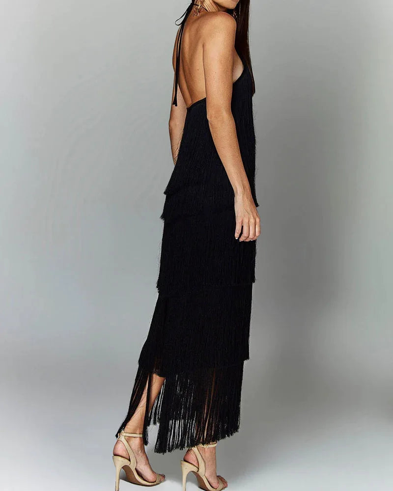 Fashion Neck Fringed Backless Slit Dress for Women