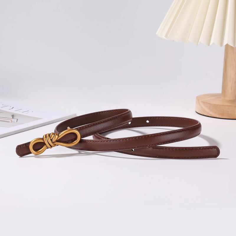 Korea Women Genuine Leather Knotted Thin Waist Belt Fashion Geometric Butterfly Gold Buckle Adjustable Corset Belt For Women