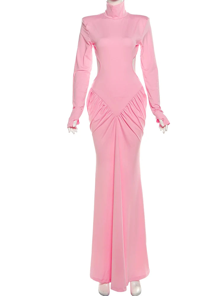 Weird Puss Backless Maxi Dress Women Shoulder Pads Long Sleeve Waistless Peach Buttocks Ruched Elegant Banquet Skinny Vestidos