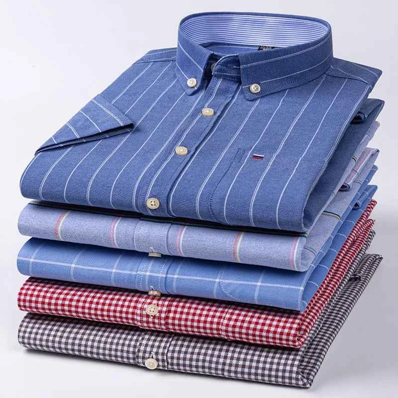 Men's Pure Cotton Oxford Short Sleeve Summer Casual Shirts Comfortable Standard-fit Button-down Plaid Solid Color Cotton Shirt