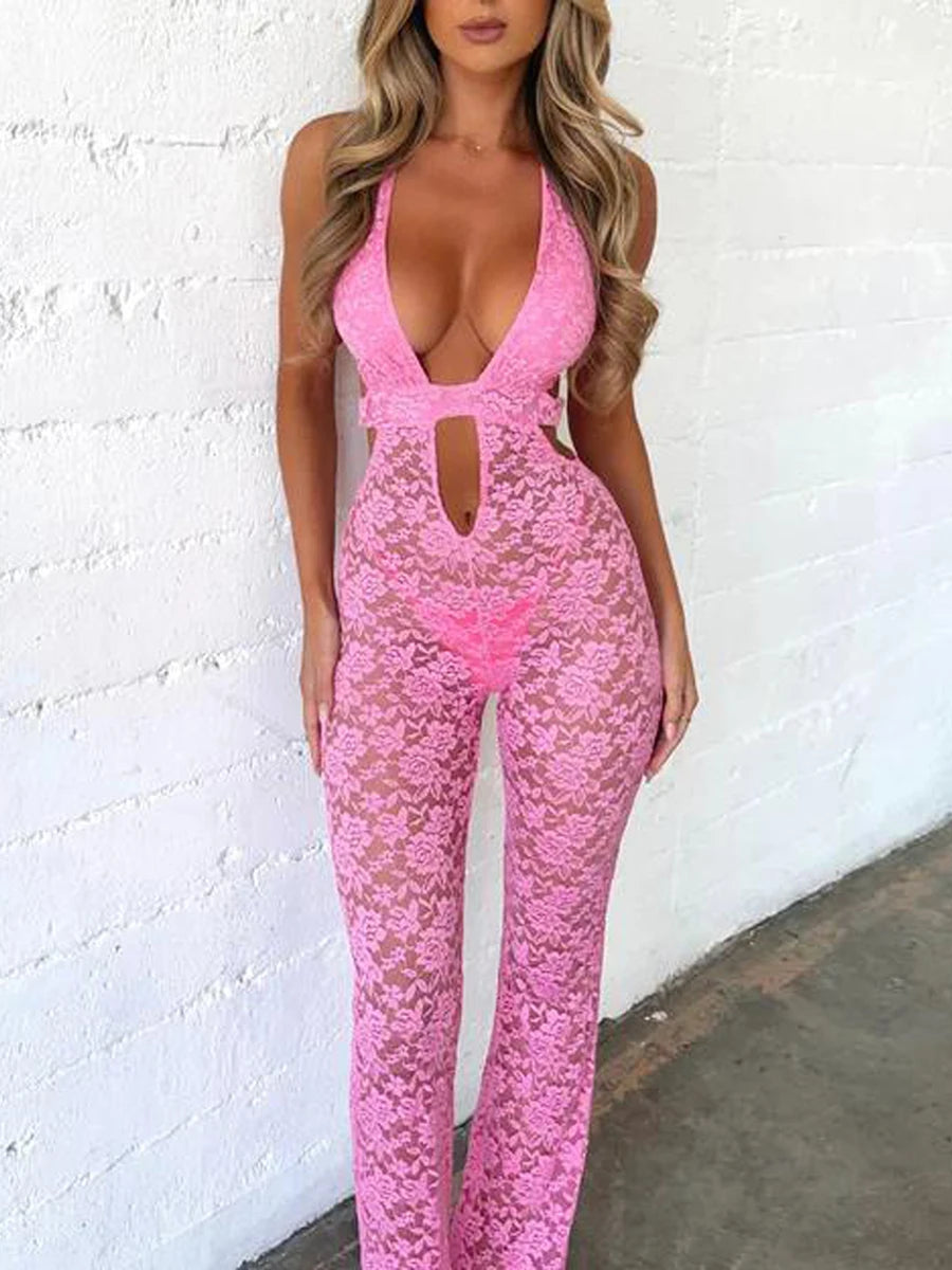 Women Halter Flare Jumpsuit Casual Summer Cutout Lace See-Through Backless Romper Pants Streetwear
