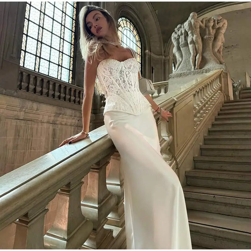 Conjuntos elegantes de renda e cetim com top e saia longa femininos, blusa justa e ombro de fora, robes femininos para festa de verão e noite