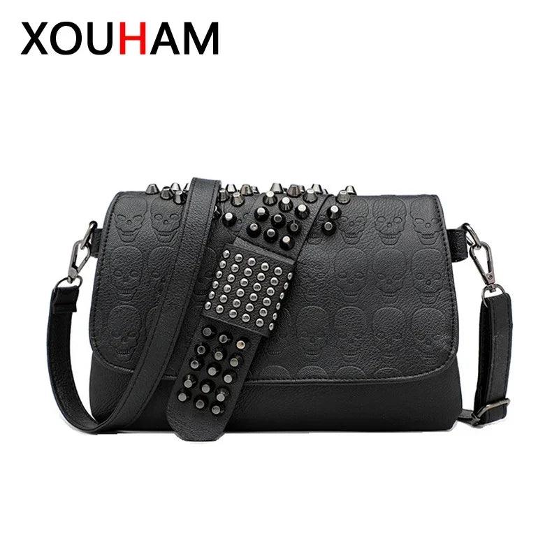 XOUHAM Messenger Bags for Women PU Single Skull Rivet Shoulder Handbags Sac A Main Bolsa Black Vintage Sexy Bag Lady Drop Chain - CRAVO ROSE