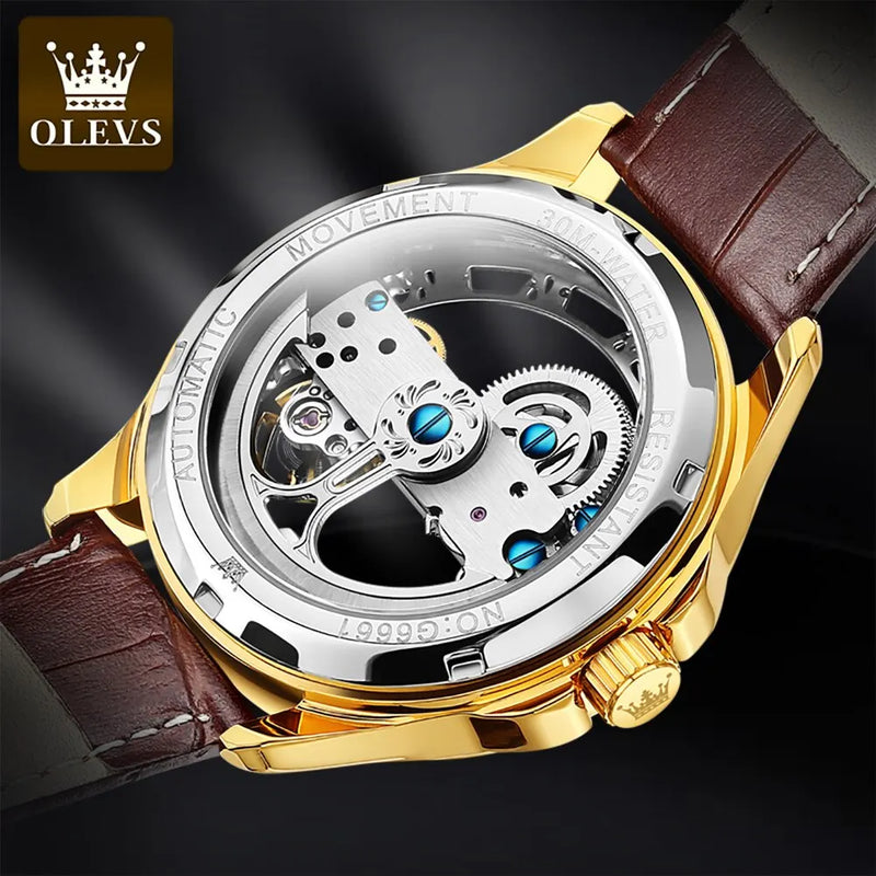 OLEVS Luxury Men Watches Automatic Mechanical Wristwatch Skeleton Design Waterproof Leather Strap Male Watch Reloj Hombre - CRAVO ROSE