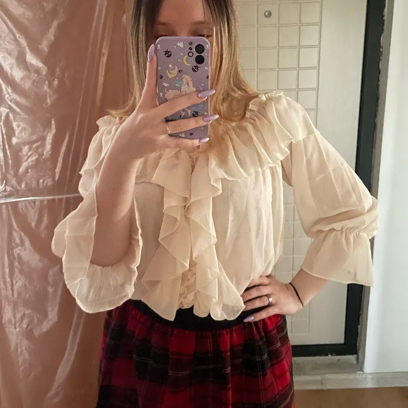 Blusa feminina sexy com decote em V, transparente, estilo boho, de malha, com babados, manga larga, elegante, peplum, com babados, blusa feminina 13459