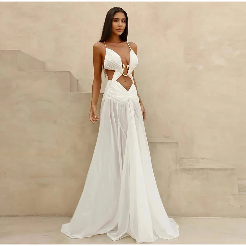 Vestidos longos sensuais vazados  plissados, chiques, decote em V, frente única, sem mangas, costas nuas, linha A
