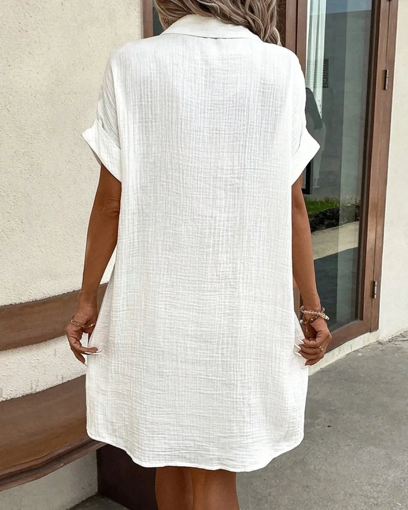 Summer Turn Down Collar Button Up Dress For Women Casual Loose Short Sleeve Pocket Splicing Solid Color Dresses Femme Robe