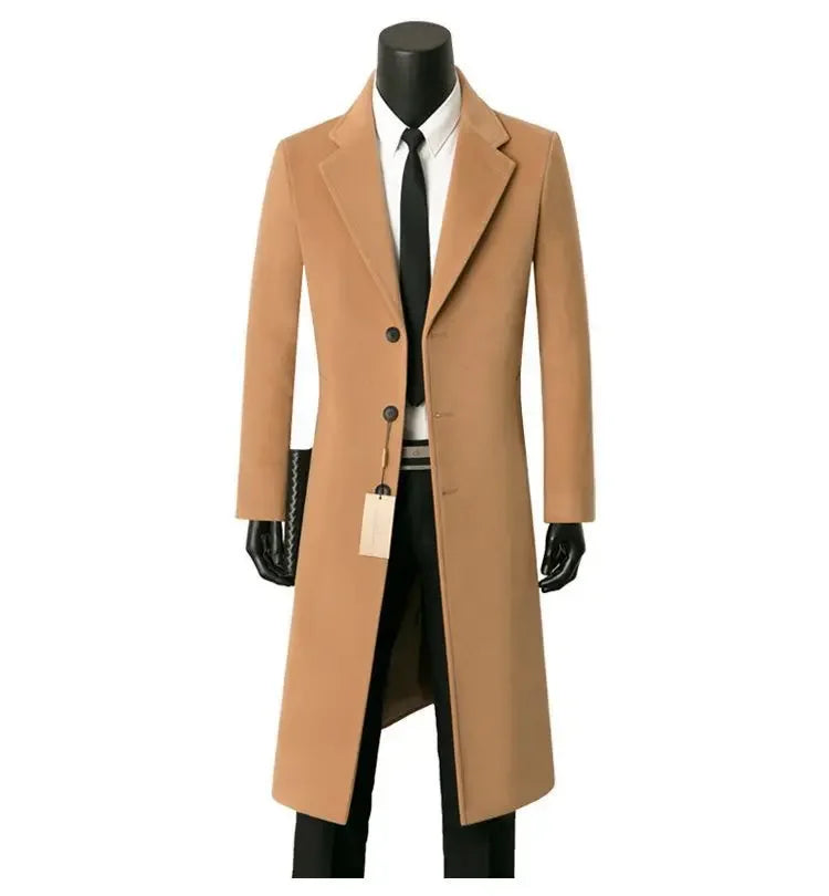 Sobretudo de lã masculino para outono e inverno, comprimento médio, casual, corta-vento quente, jaqueta com gola para pai