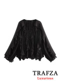 TRAFZA Vintage Chic Solid Women Blouse Tierred V-Neck Long Sleeve Single Breasted Loose Blouse Fashion 2025 Spring Summer Shirts