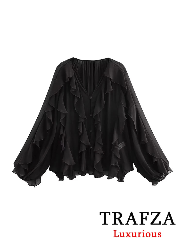 TRAFZA Vintage Chic Solid Women Blouse Tierred V-Neck Long Sleeve Single Breasted Loose Blouse Fashion 2025 Spring Summer Shirts