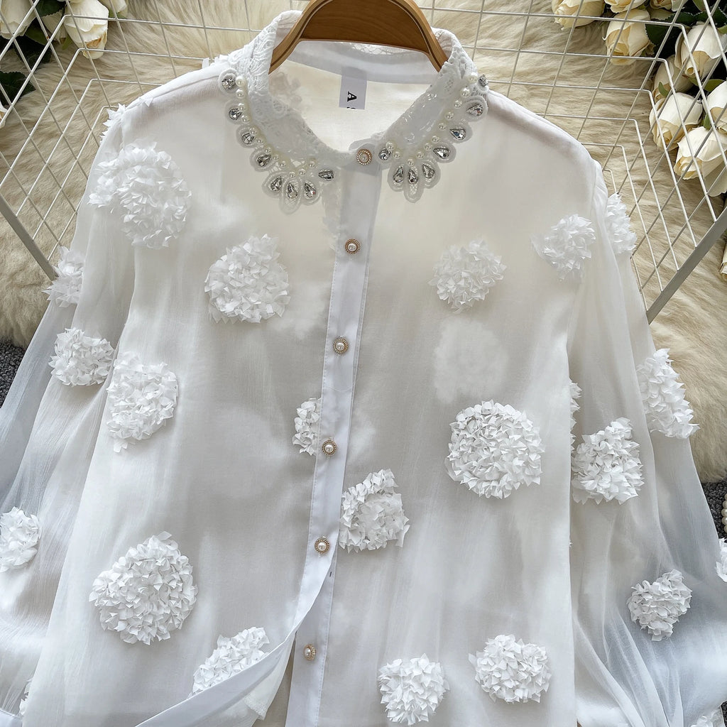 Blusa básica de manga comprida, gola polo vintage, gravata, abotoamento simples, solta, com strass, moda urbana francesa, blusa de outono