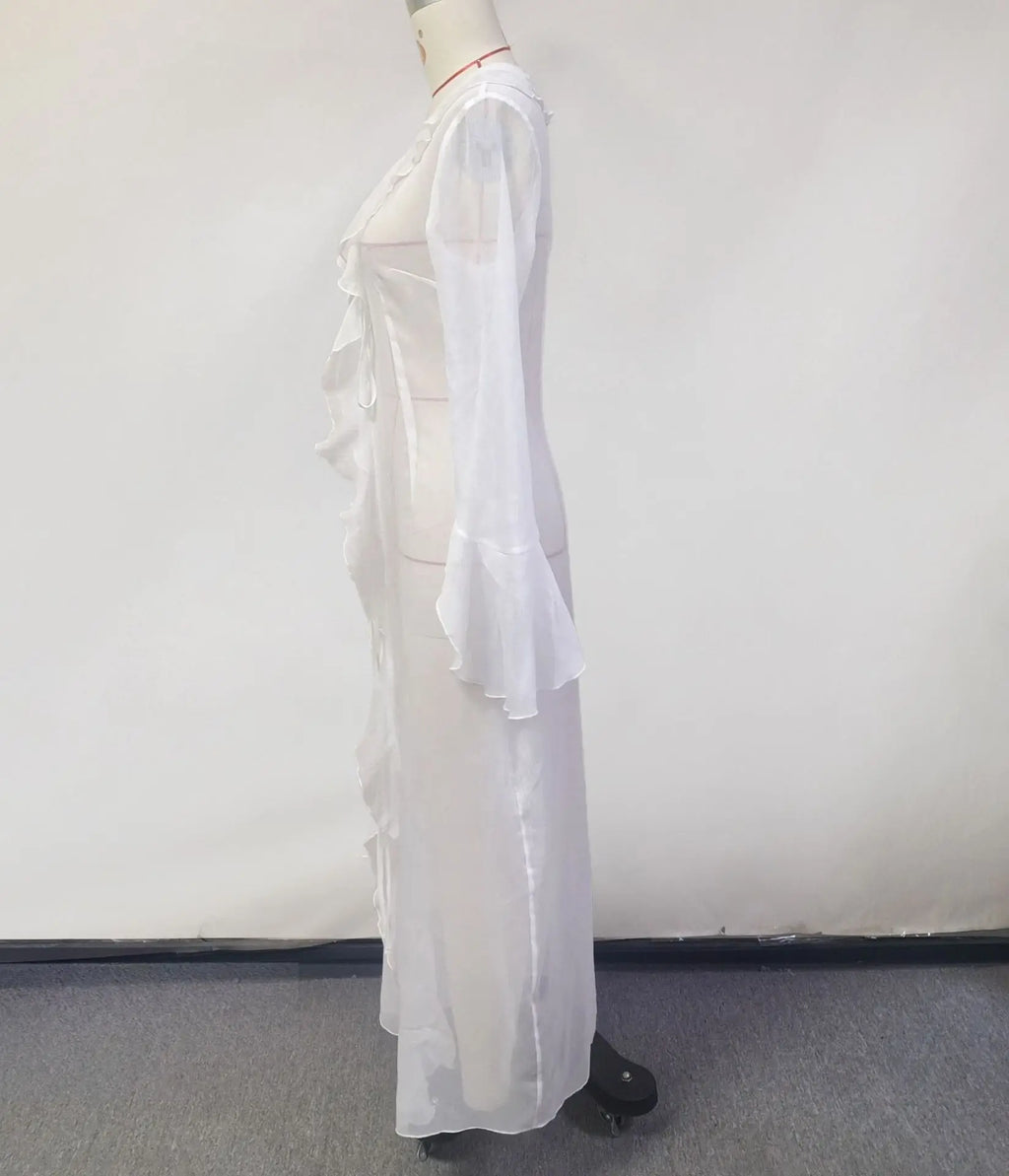 Vestido feminino com babados irregulares, decote em V chique, manga comprida, renda, vestido de praia para mulheres, saída de férias