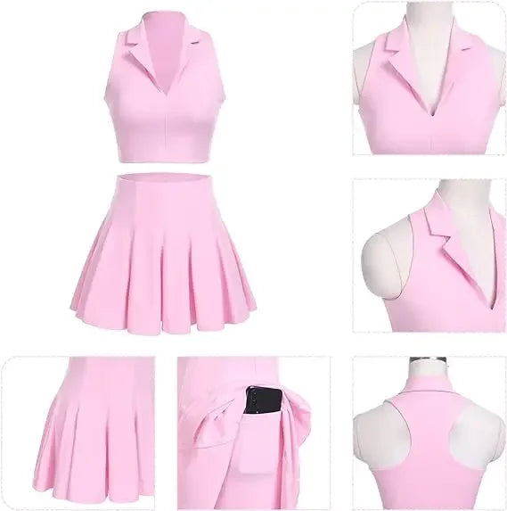 Women's Breathable Golf Wear Tennis Sport Sets Crop Top Short 2 in 1 Skirt Set Workout Clothing Solid Fitness Yoga T-Shirt