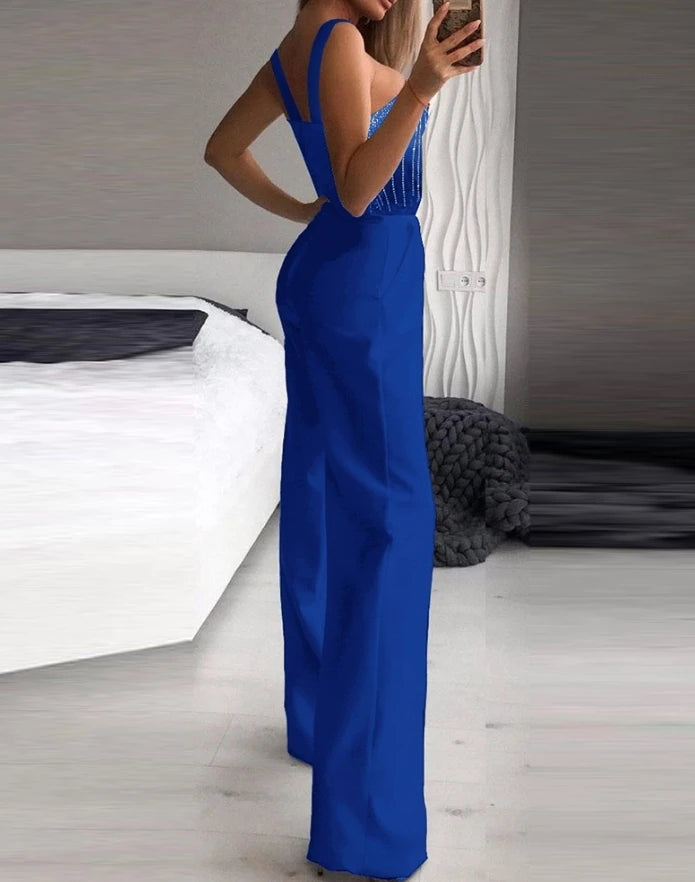 Elegant Party Jumpsuit for Women Round Neck Office Multi Strap Sleeveless Rhinestone Bootcut High Waist Wide Leg Pocket Overall