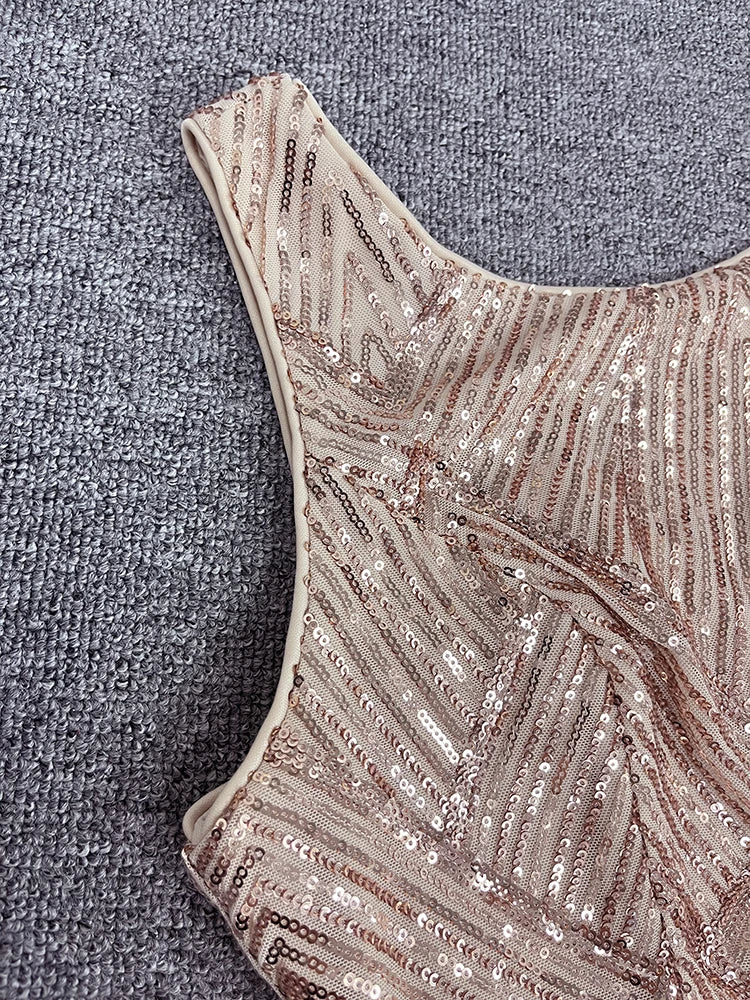 Vestido feminino de festa formal com decote redondo, lindo, ouro rosa, lantejoulas, saia longa de sereia, vestido de noite, vestido de coquetel