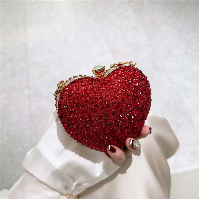 Luxury Diamond Inlay Heart Shape Crystal Clutch Purse Stones Evening Wedding Party Shoulder Bag Handle Rhinestone Mini Handbags - CRAVO ROSE