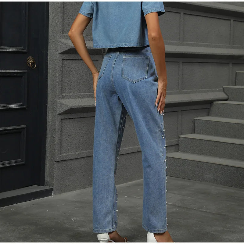 Calça jeans feminina moderna de cintura alta com perna reta e design chique de contas cravejadas, calça feminina casual e moderna de rua