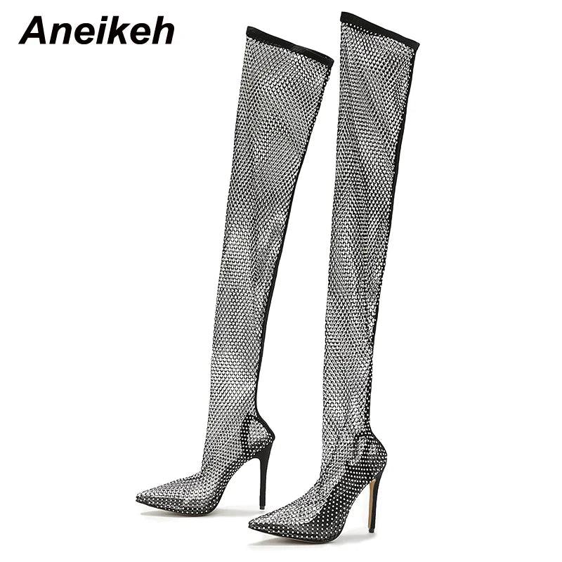 Aneikeh Sexy Bling Rhinestone Mesh Shoes Over The Knee Boots Women Pointed Toe Sandals Nightclub High Heels Botas Femininas 2024 - CRAVO ROSE