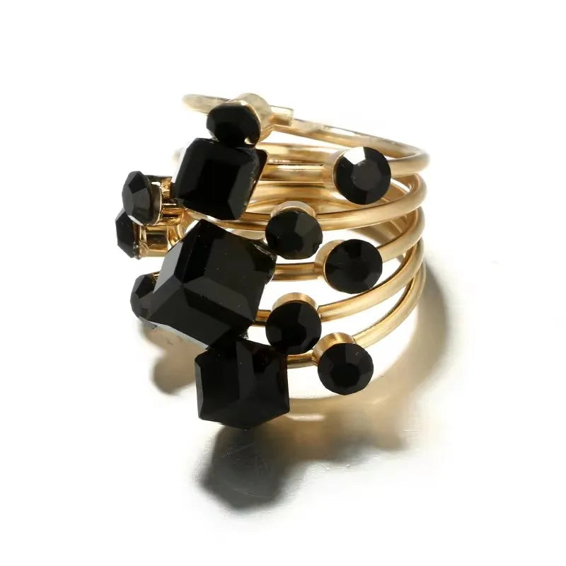 Tocona Punk Antique Black Crystal Stone Opening Joint Rings Set for Women Men Adjustable Gothic Statement Party Jewelry anillos