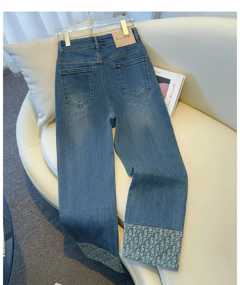 High-End Women's Straight Leg Jeans Loose Fit Spring Season Roll up Capri High Waist Denim Blue Flip  Thermal Regulation
