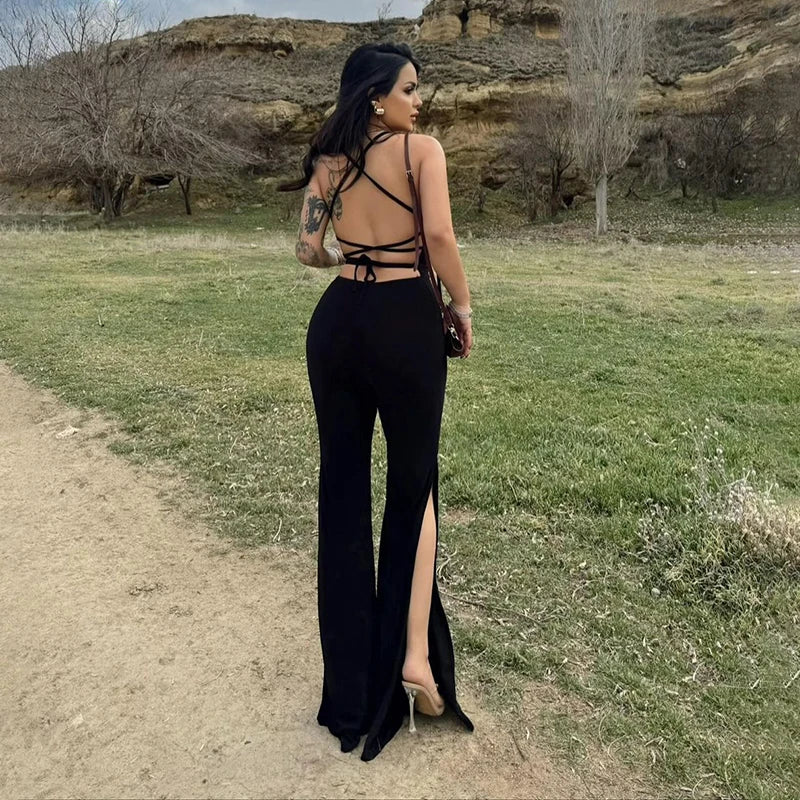 Women New Summer Elegant Jumpsiuits Sexy Backless Sling Slim Streetwear Bandage Halter Sleeveless Split Long Jumpsiuits Clothing