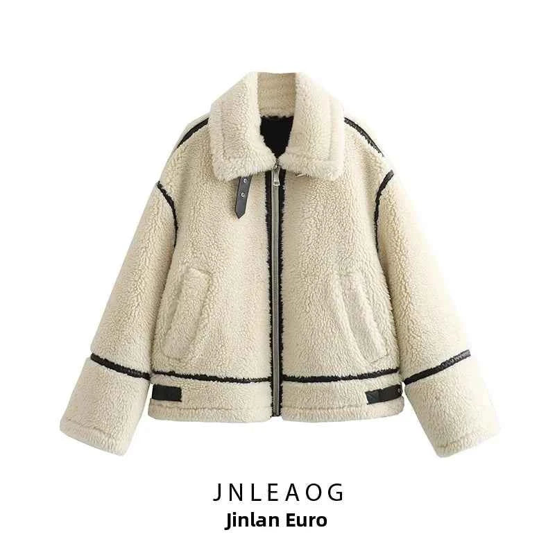 JNLEAOG Autumn New Fashionable Furry Motorcycle Style Coat Long Sleeve Street Style Women's Cotton Jacket